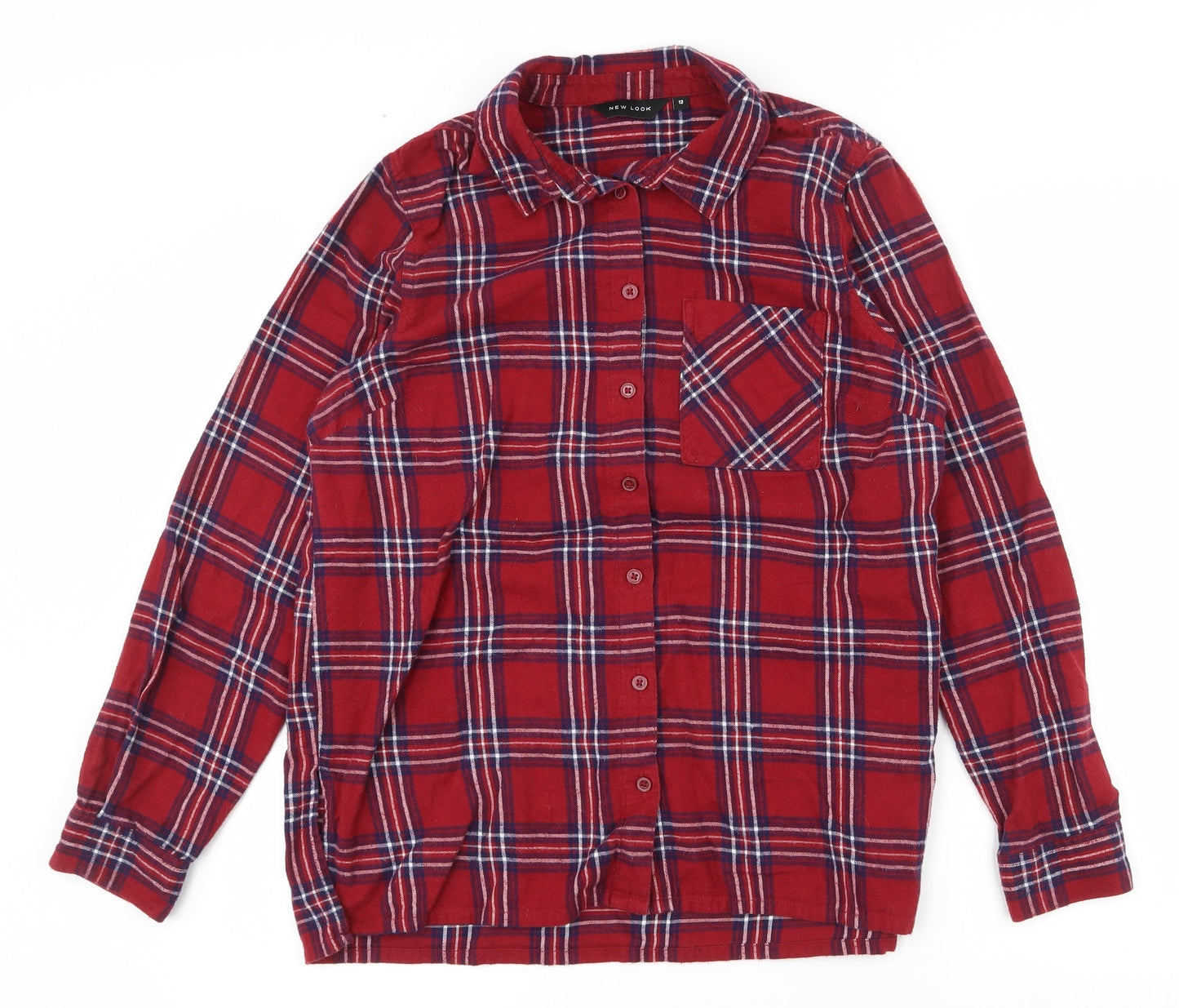 New Look  Womens Red Plaid 100% Cotton Basic Button-Up Size 12 Collared