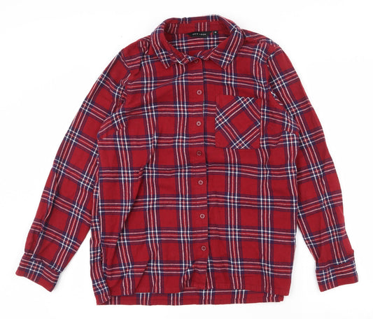 New Look  Womens Red Plaid 100% Cotton Basic Button-Up Size 12 Collared