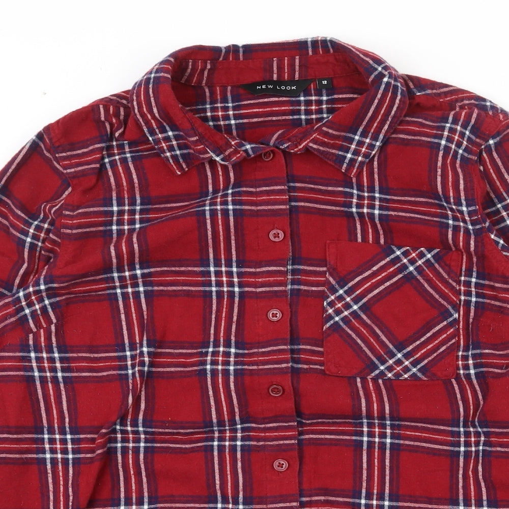 New Look  Womens Red Plaid 100% Cotton Basic Button-Up Size 12 Collared