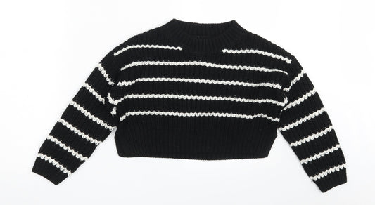 New Look Girls Black Round Neck Striped Acrylic Pullover Jumper Size 9 Years   - Cropped