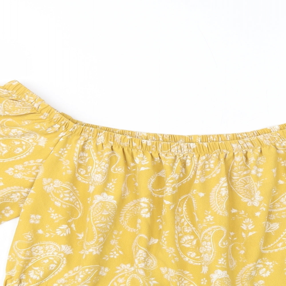 Preworn Womens Yellow Paisley Polyester Basic Blouse Size M Off the Shoulder