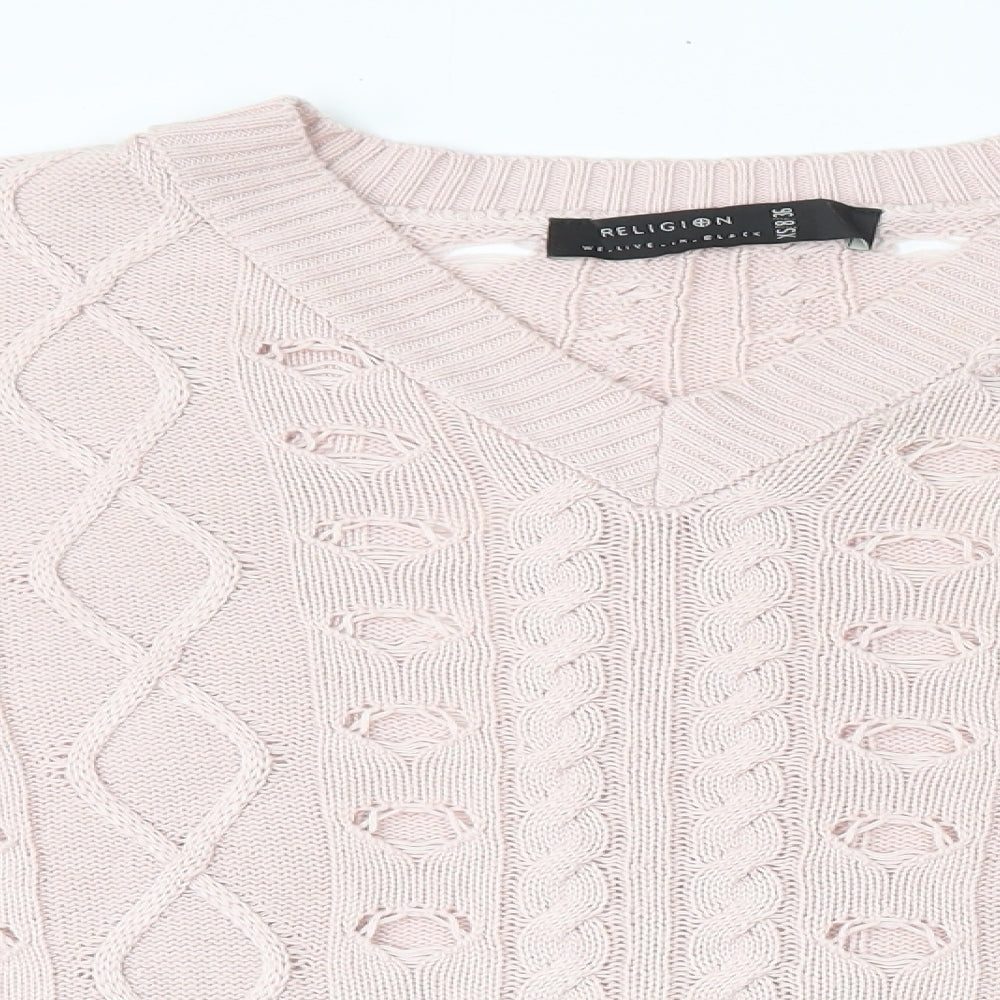 Religion Womens Pink V-Neck  Cotton Pullover Jumper Size 8