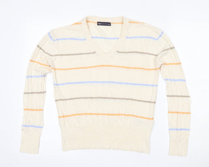 Marks & Spencer Womens Beige V-Neck Striped Viscose Pullover Jumper Size S