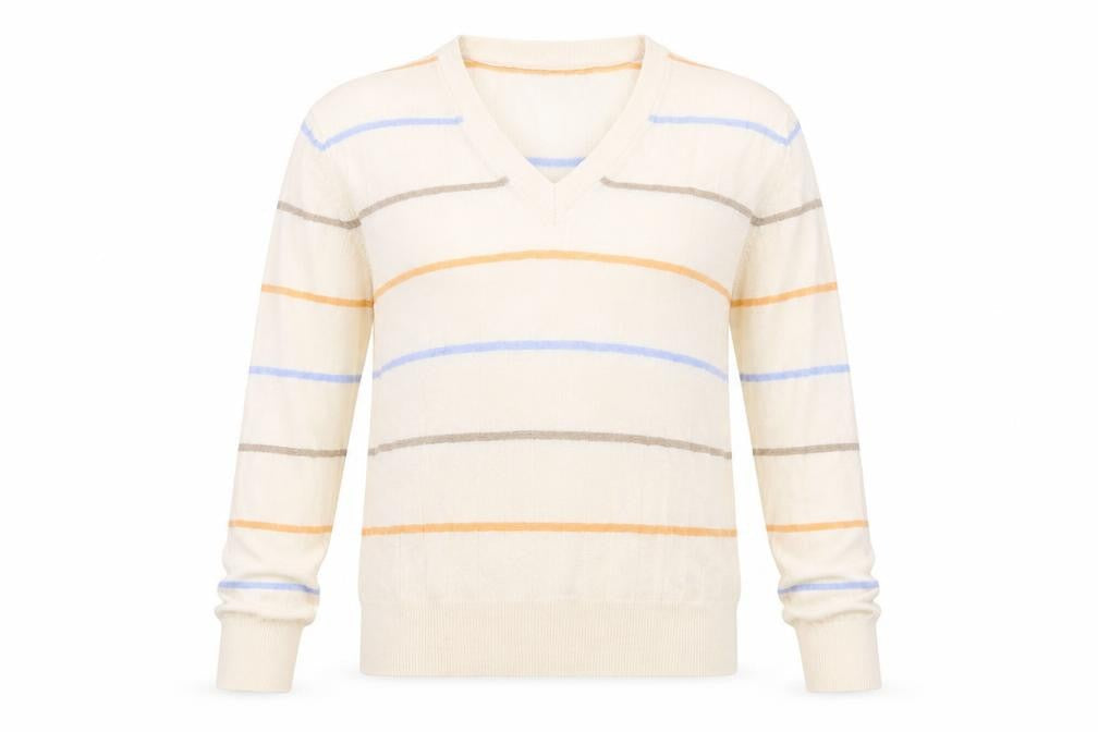 Marks & Spencer Womens Beige V-Neck Striped Viscose Pullover Jumper Size S