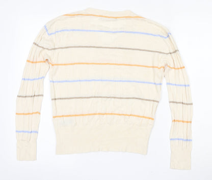 Marks & Spencer Womens Beige V-Neck Striped Viscose Pullover Jumper Size S