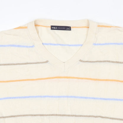 Marks & Spencer Womens Beige V-Neck Striped Viscose Pullover Jumper Size S