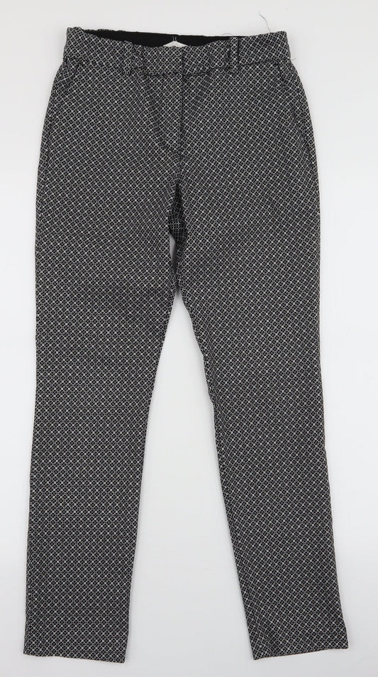 H&M Womens Black Geometric Cotton Dress Pants Trousers Size 8 L27 in Slim Zip