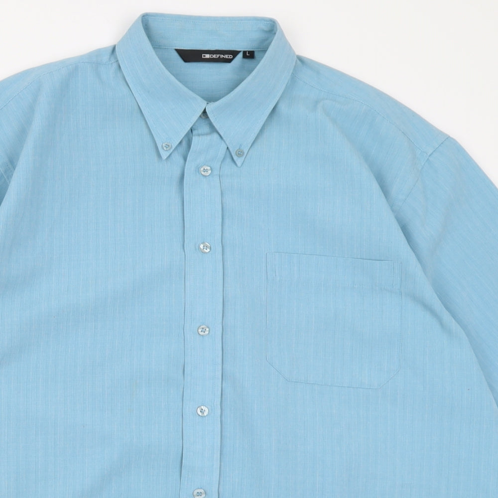 defined Mens Blue  Polyester  Button-Up Size L Collared Button