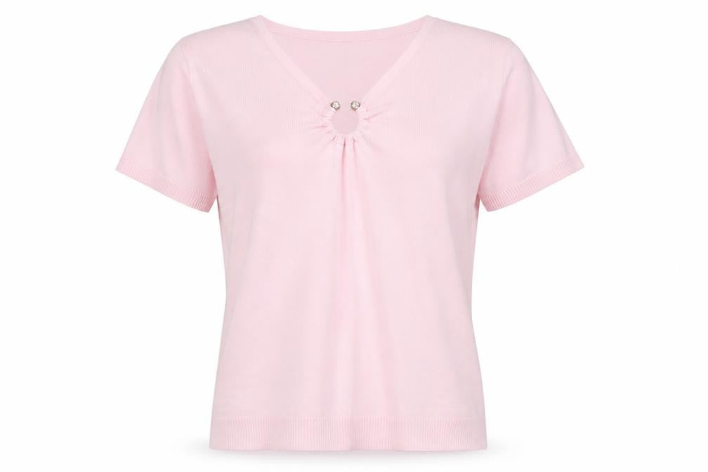 Laura D Womens Pink  Viscose Basic T-Shirt Size S V-Neck