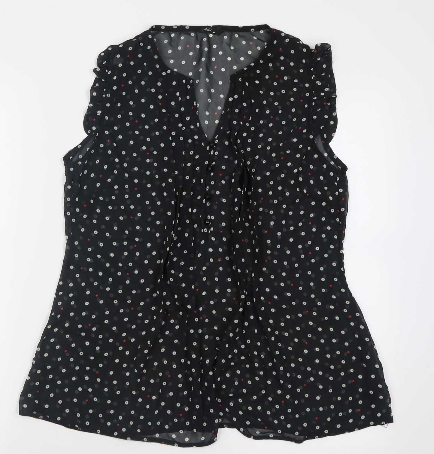 M&Co Womens Black Polka Dot Polyester Basic Tank Size 10 V-Neck