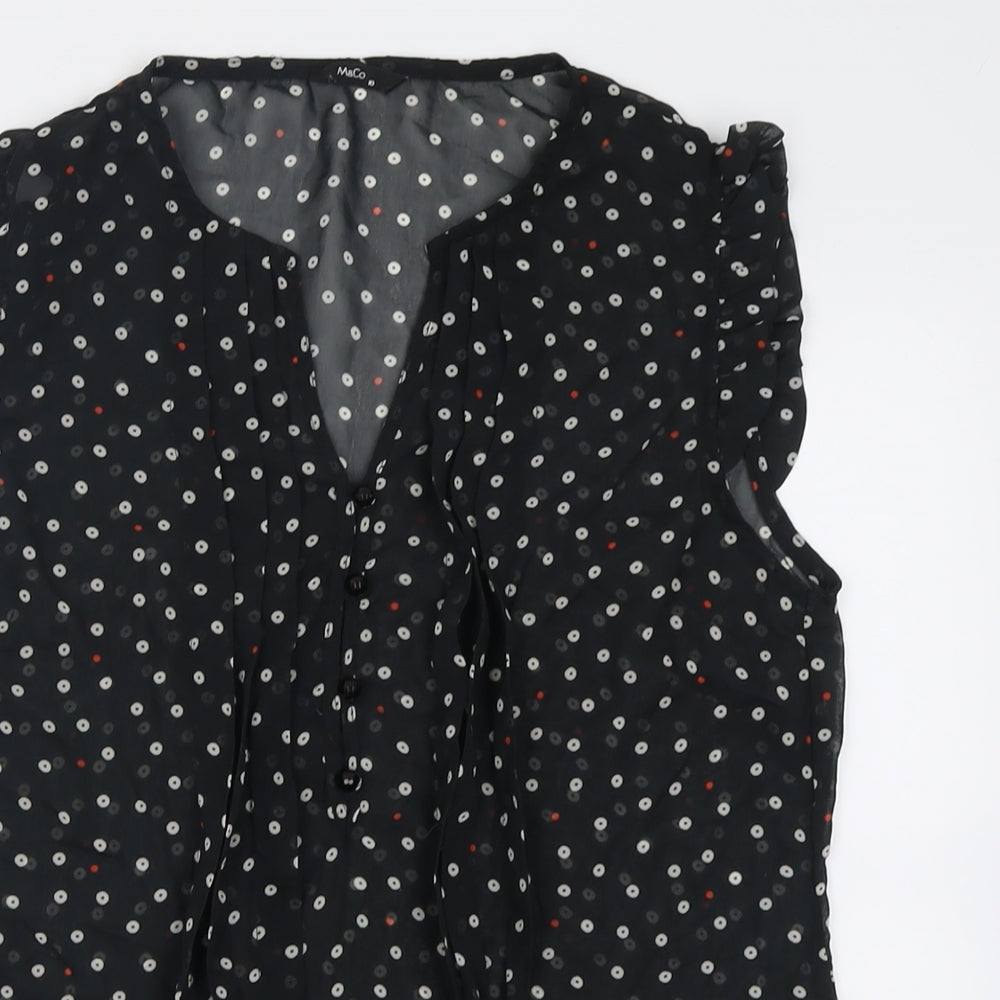 M&Co Womens Black Polka Dot Polyester Basic Tank Size 10 V-Neck