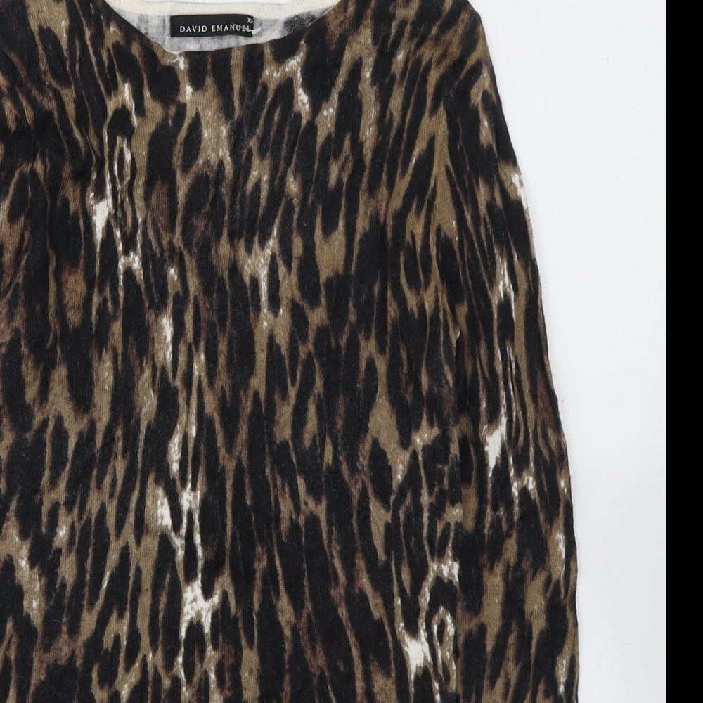 DAVID EMANUEL Womens Black Animal Print Nylon Basic Blouse Size XS Round Neck