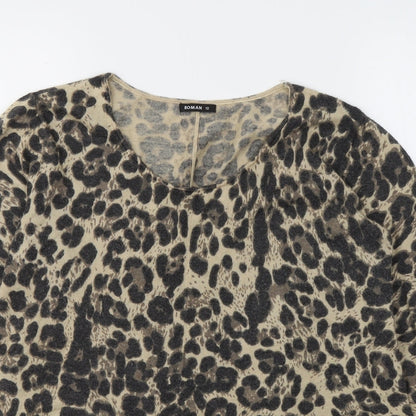 Roman Womens Beige Animal Print Polyamide Basic Blouse Size 10 Round Neck
