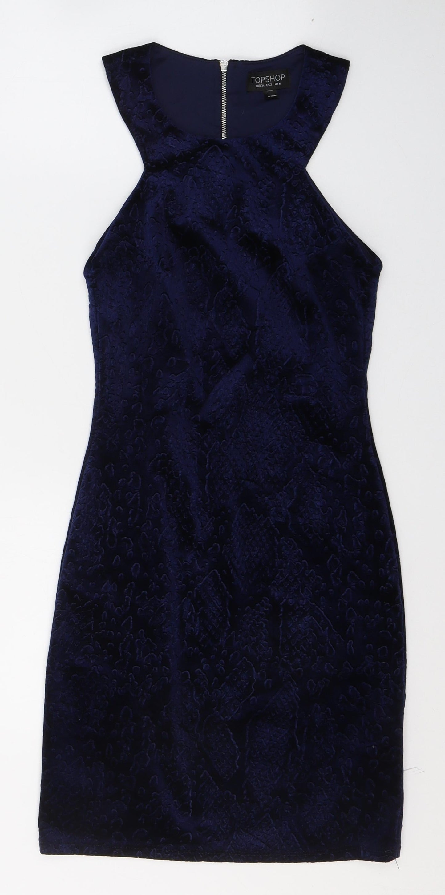 Topshop Womens Blue Geometric Polyester A-Line  Size 6  Round Neck Zip