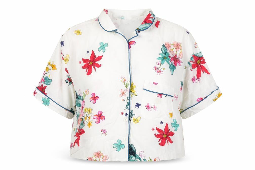 Pull&Bear Womens Multicoloured Floral Viscose Cropped Blouse Size L Collared
