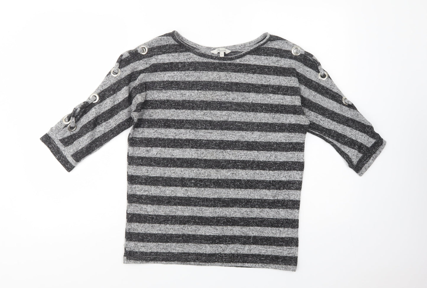 Peacocks Womens Grey Striped Polyester Basic Blouse Size 8 Crew Neck