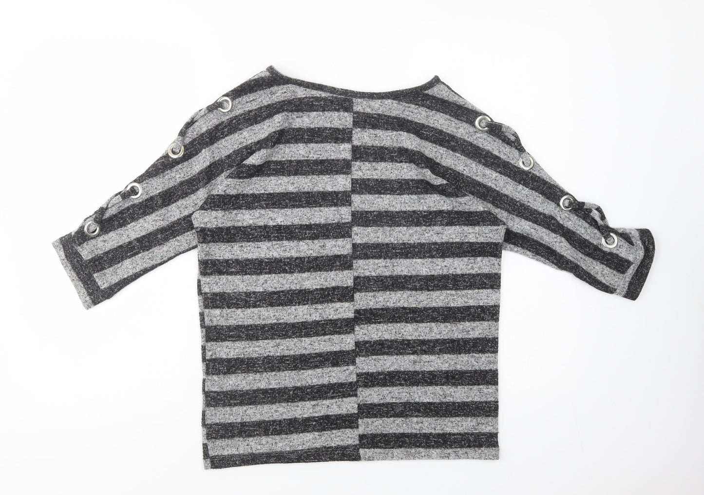 Peacocks Womens Grey Striped Polyester Basic Blouse Size 8 Crew Neck