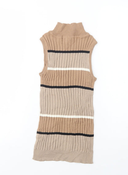 Select Womens Beige High Neck Striped Cotton Pullover Jumper Size 6
