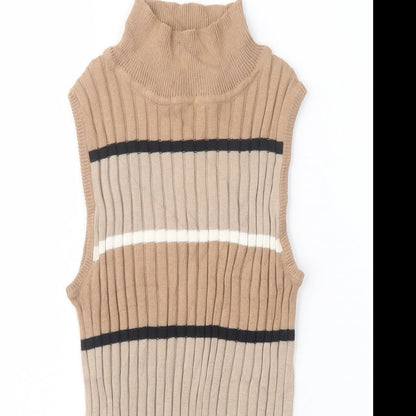 Select Womens Beige High Neck Striped Cotton Pullover Jumper Size 6