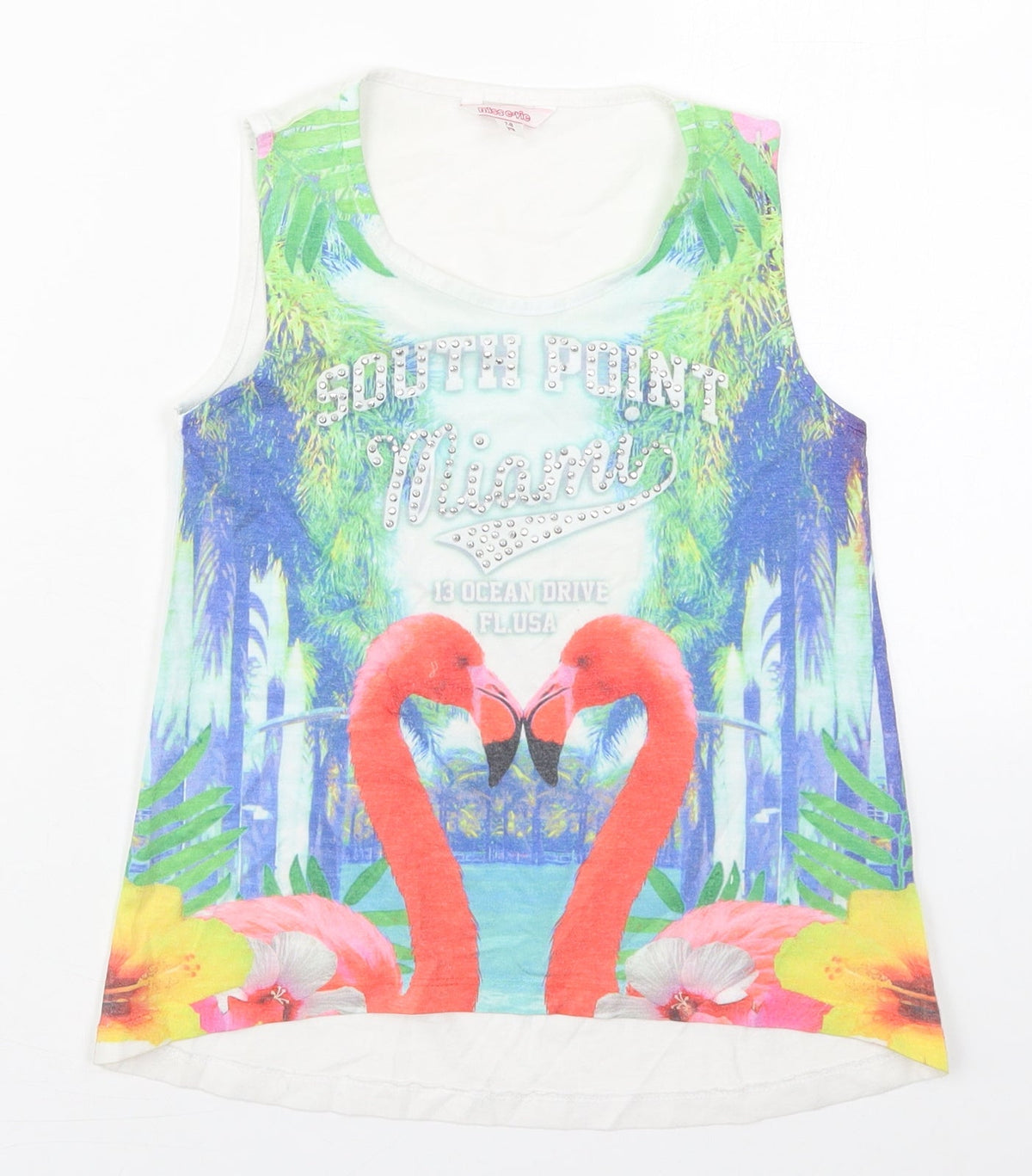 Evie Girls White  Polyester Basic Tank Size 7-8 Years Round Neck Pullover - South Point Miami Flamingo