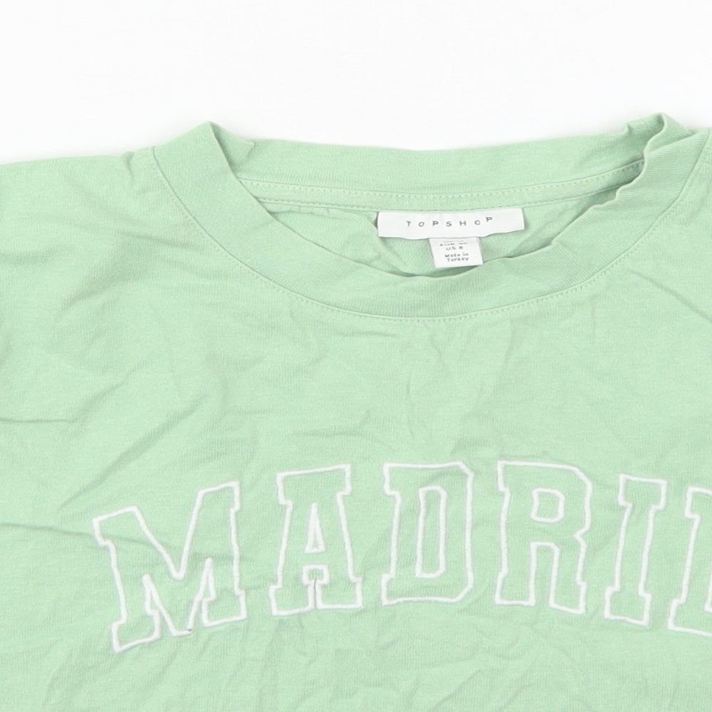 Topshop Womens Green  Cotton Cropped T-Shirt Size 12 Crew Neck - Madrid