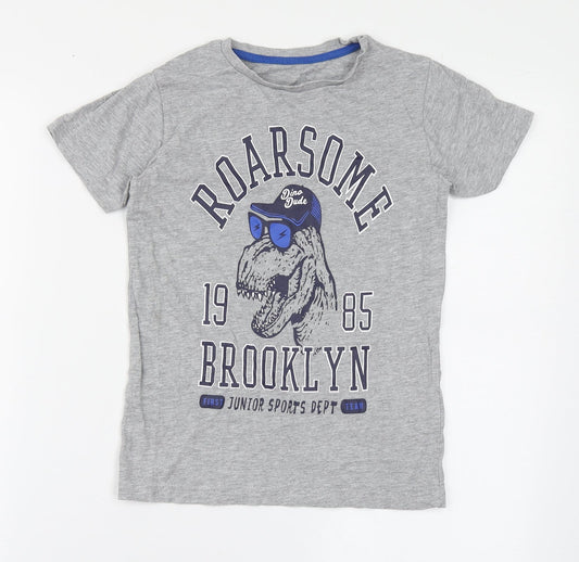 Dunnes Stores Boys Grey  Cotton Basic T-Shirt Size 8 Years Round Neck Pullover - Roarsome, Dinosaur