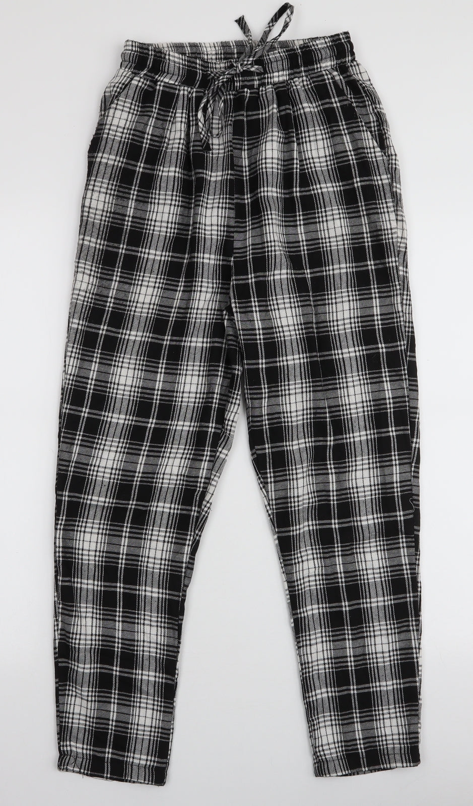 PRETTYLITTLETHING Womens Black Plaid Polyester Trousers  Size 6 L25 in Slim Drawstring