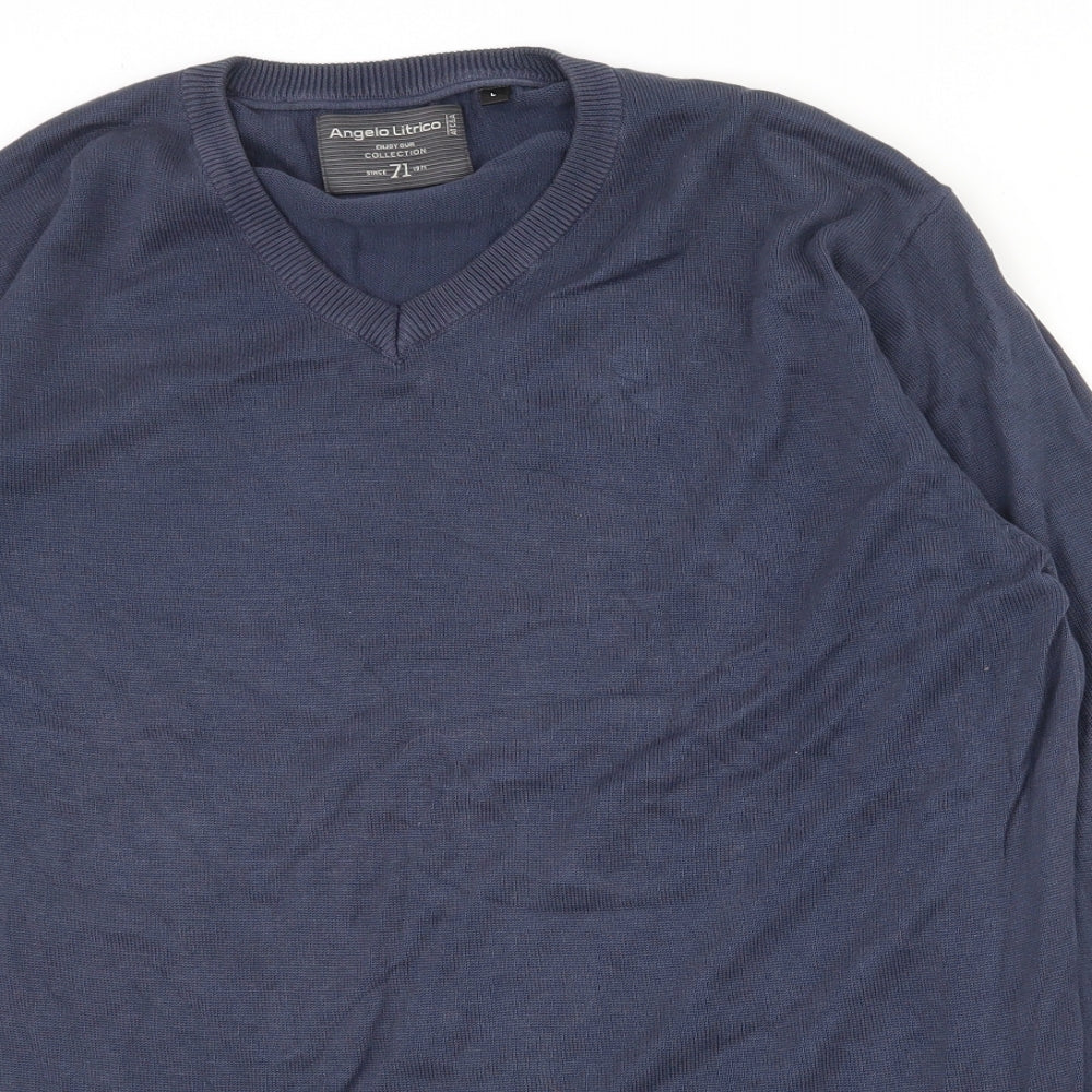 Angelo Litrico Mens Blue V-Neck  Cotton Pullover Jumper Size L