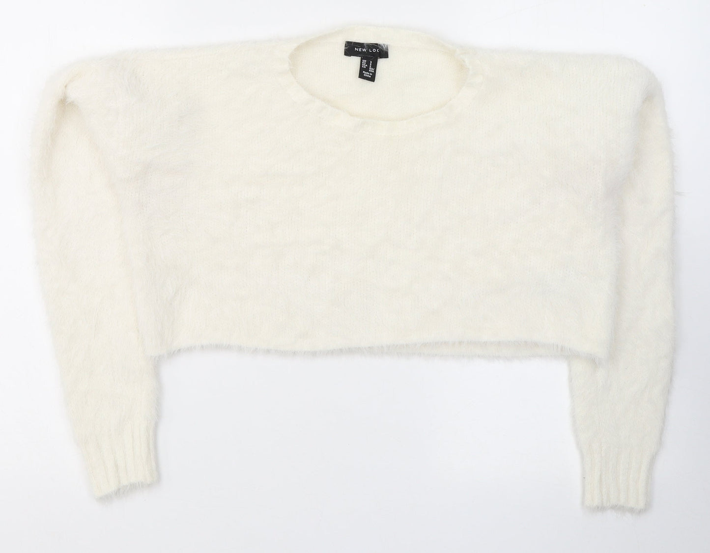 New Look Womens White  Nylon Cropped Blouse Size S Round Neck