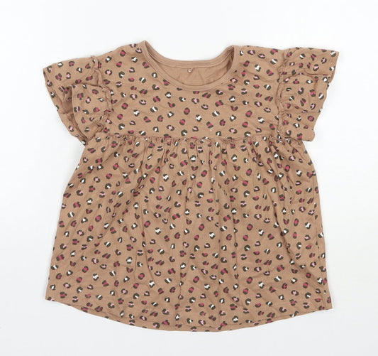 George Girls Brown Animal Print Cotton Basic T-Shirt Size 4-5 Years Round Neck Pullover