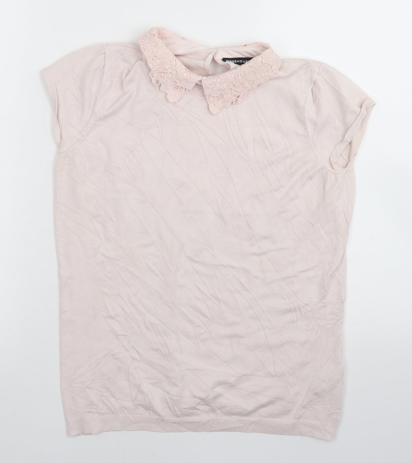 Warehouse Womens Pink  Viscose Basic T-Shirt Size 12 Collared - Lace trim Neckline