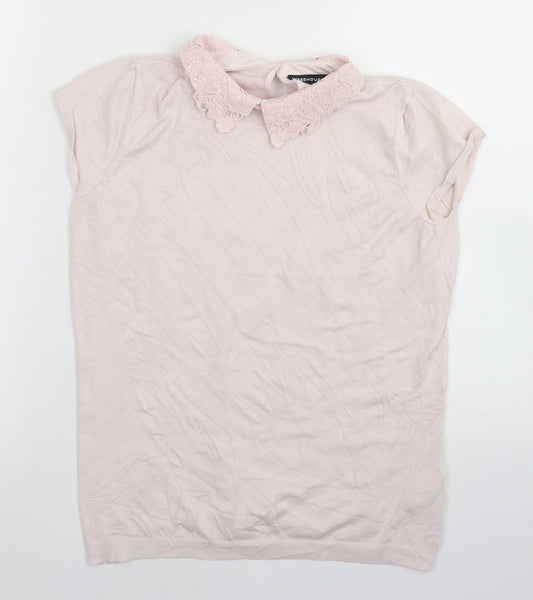 Warehouse Womens Pink  Viscose Basic T-Shirt Size 12 Collared - Lace trim Neckline