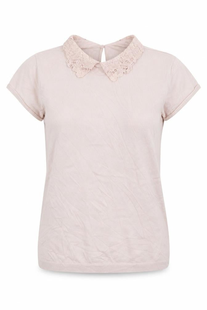 Warehouse Womens Pink  Viscose Basic T-Shirt Size 12 Collared - Lace trim Neckline