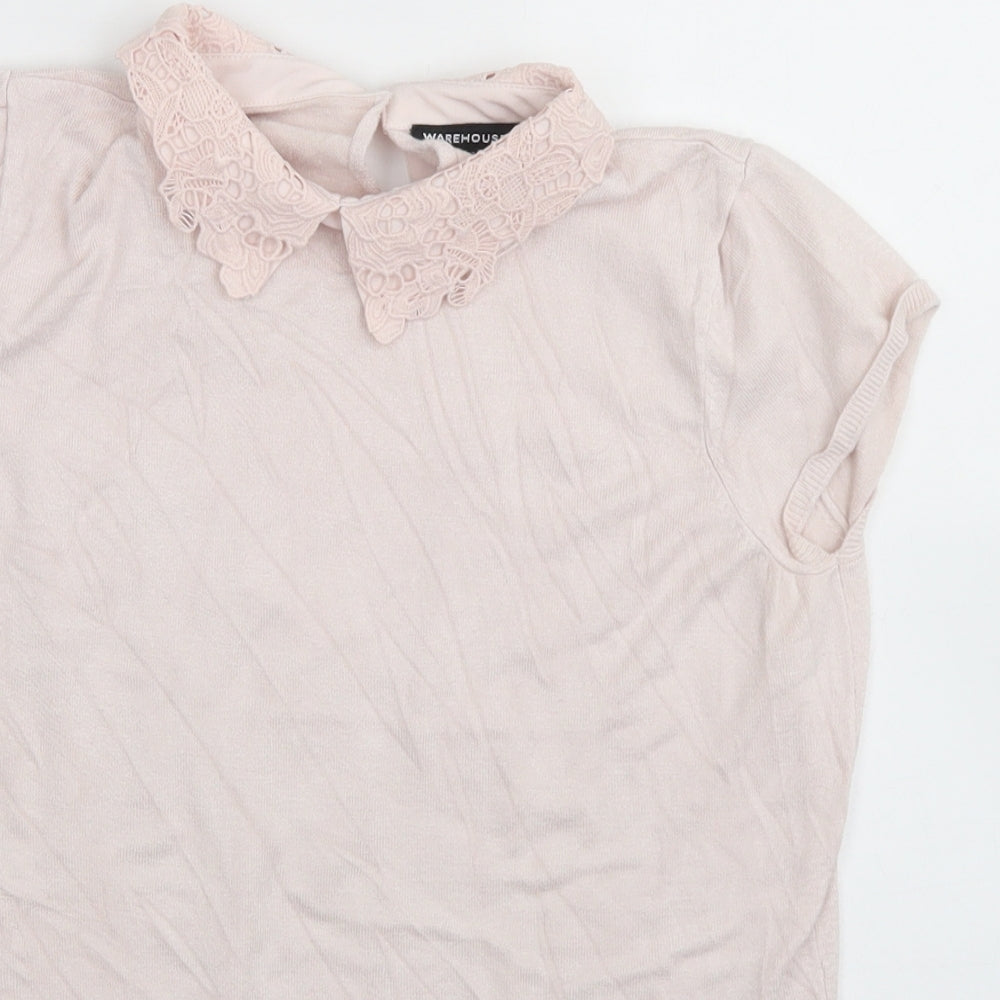 Warehouse Womens Pink  Viscose Basic T-Shirt Size 12 Collared - Lace trim Neckline
