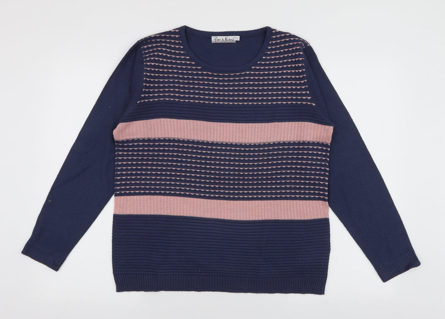 Pure & Natural Womens Blue Round Neck Striped Acrylic Pullover Jumper Size L