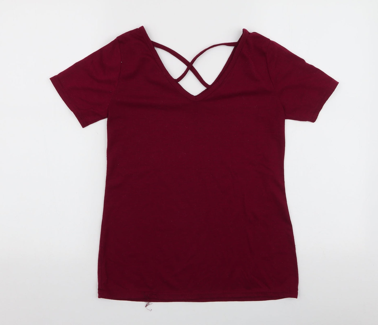 Preworn Womens Red  Polyester Jersey T-Shirt Size S V-Neck