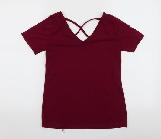 Preworn Womens Red  Polyester Jersey T-Shirt Size S V-Neck