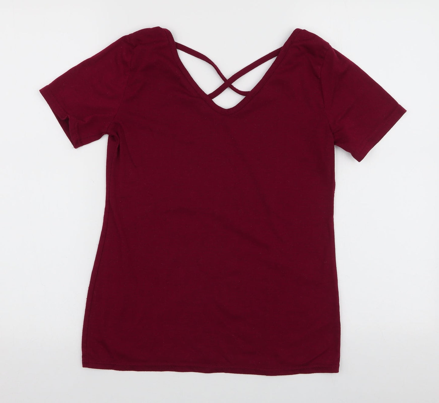 Preworn Womens Red  Polyester Jersey T-Shirt Size S V-Neck
