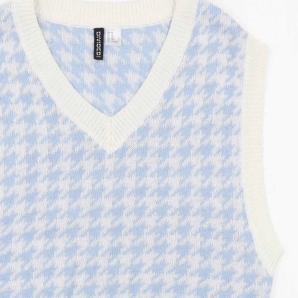 H&M Womens White V-Neck Houndstooth Acrylic Pullover Jumper Size XS