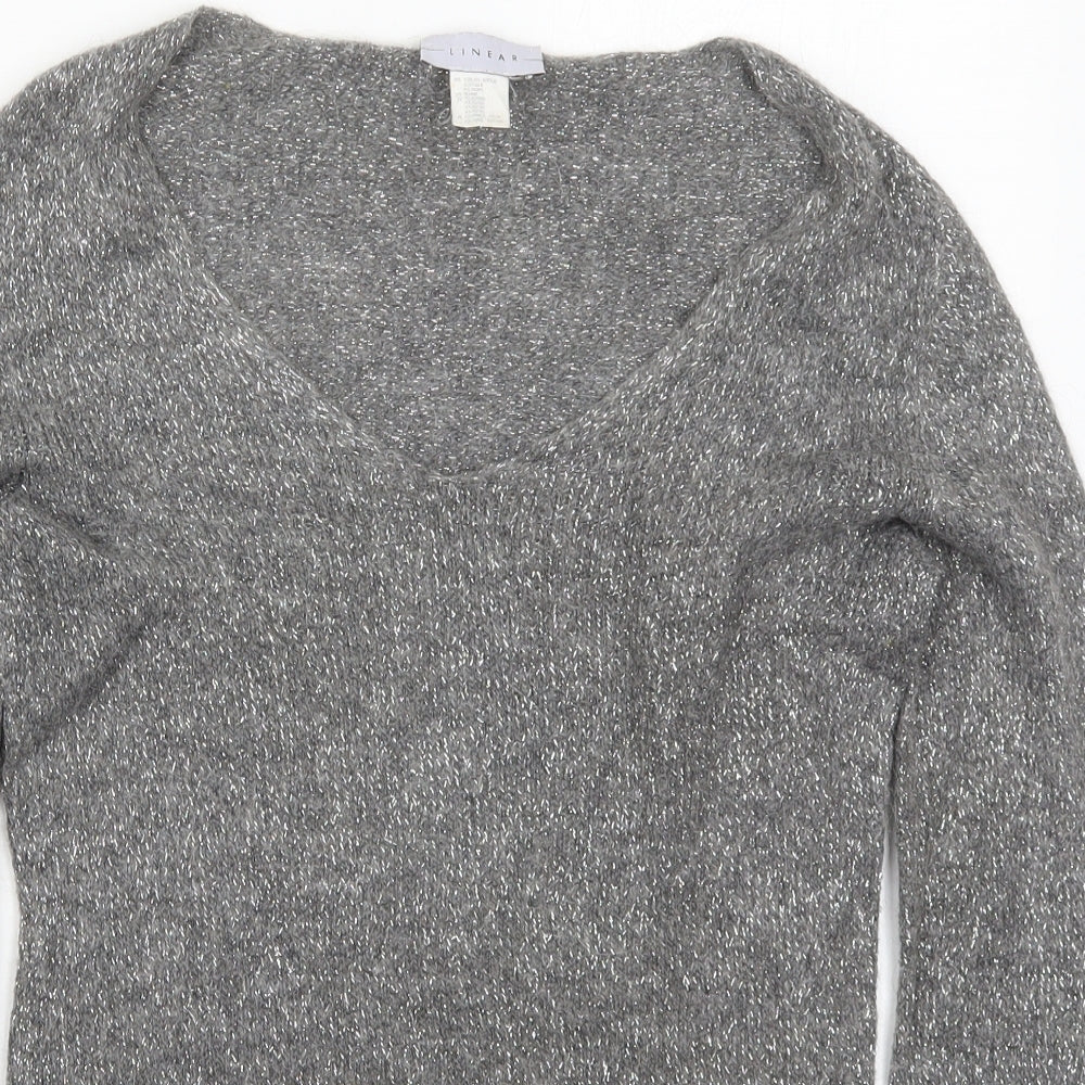 Linear Womens Grey V-Neck  Acrylic Pullover Jumper Size M
