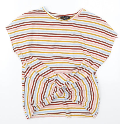 Preloved New Look Womens Pink Striped Polyester Basic T-Shirt Size S Crew Neck - Blue and Yellow - Front
