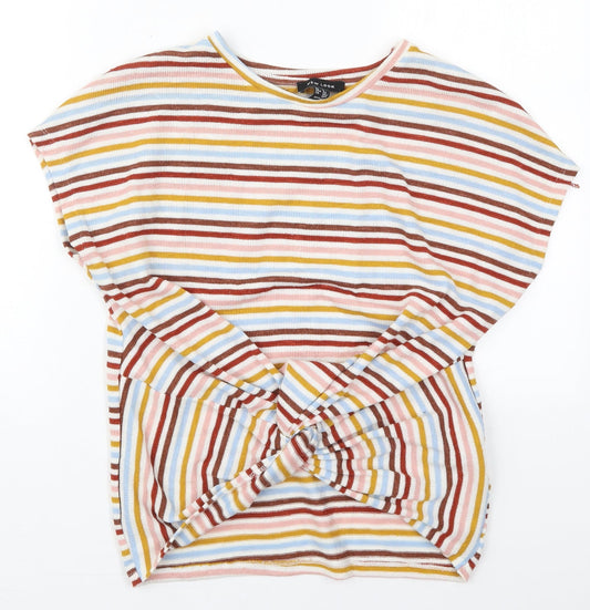 New Look Womens Pink Striped Polyester Basic T-Shirt Size S Crew Neck - Blue and Yellow