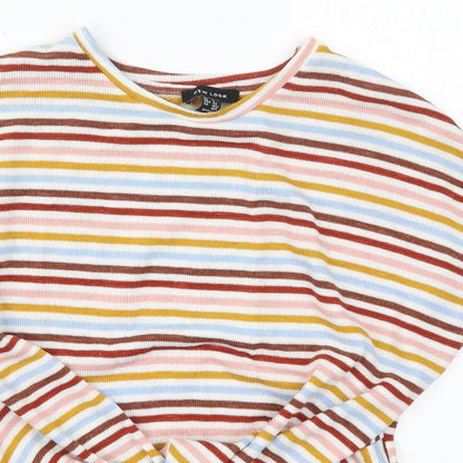 Preloved New Look Womens Pink Striped Polyester Basic T-Shirt Size S Crew Neck - Blue and Yellow - Detail