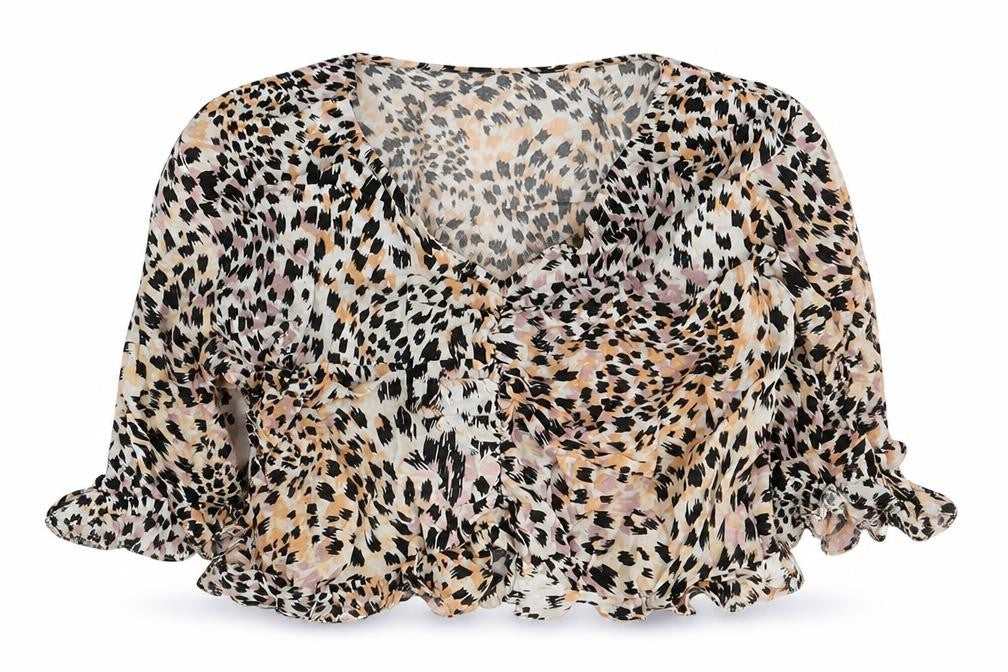 New Look Womens White Animal Print Viscose Cropped Blouse Size 14 V-Neck