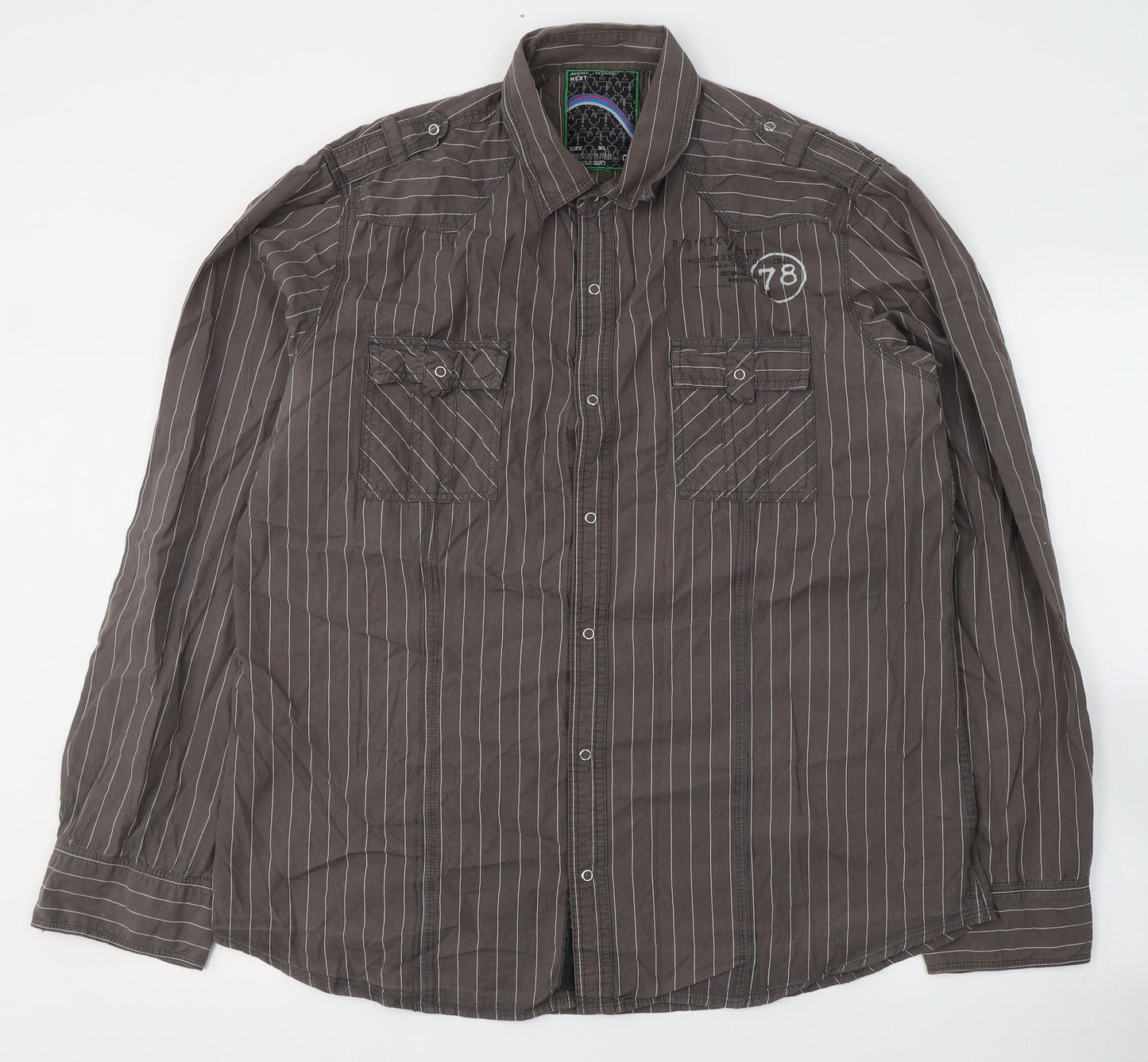 NEXT Mens Brown Striped Cotton  Button-Up Size XL Collared Button