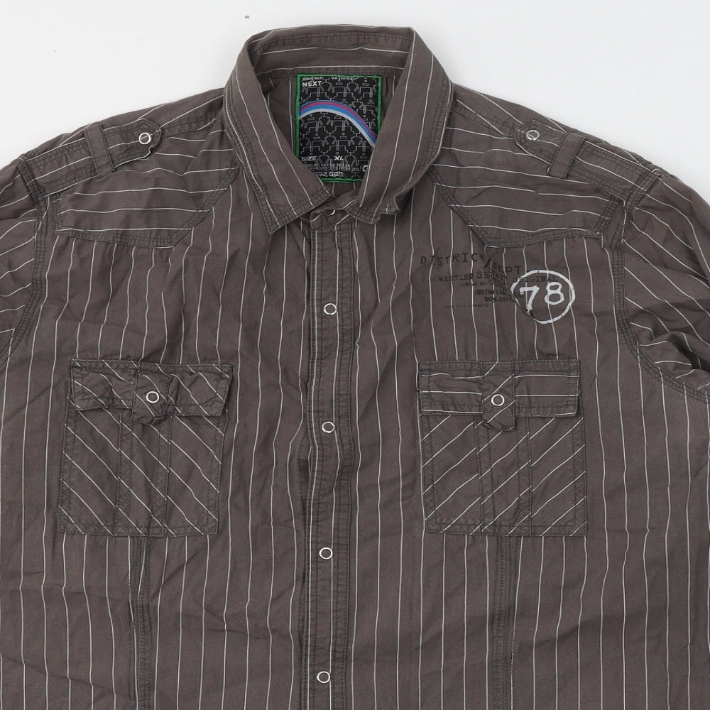 NEXT Mens Brown Striped Cotton  Button-Up Size XL Collared Button