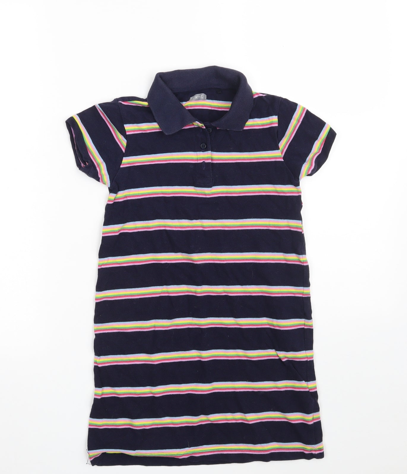 NEXT Girls Blue Striped 100% Cotton Pullover Polo Size 8 Years Collared Button