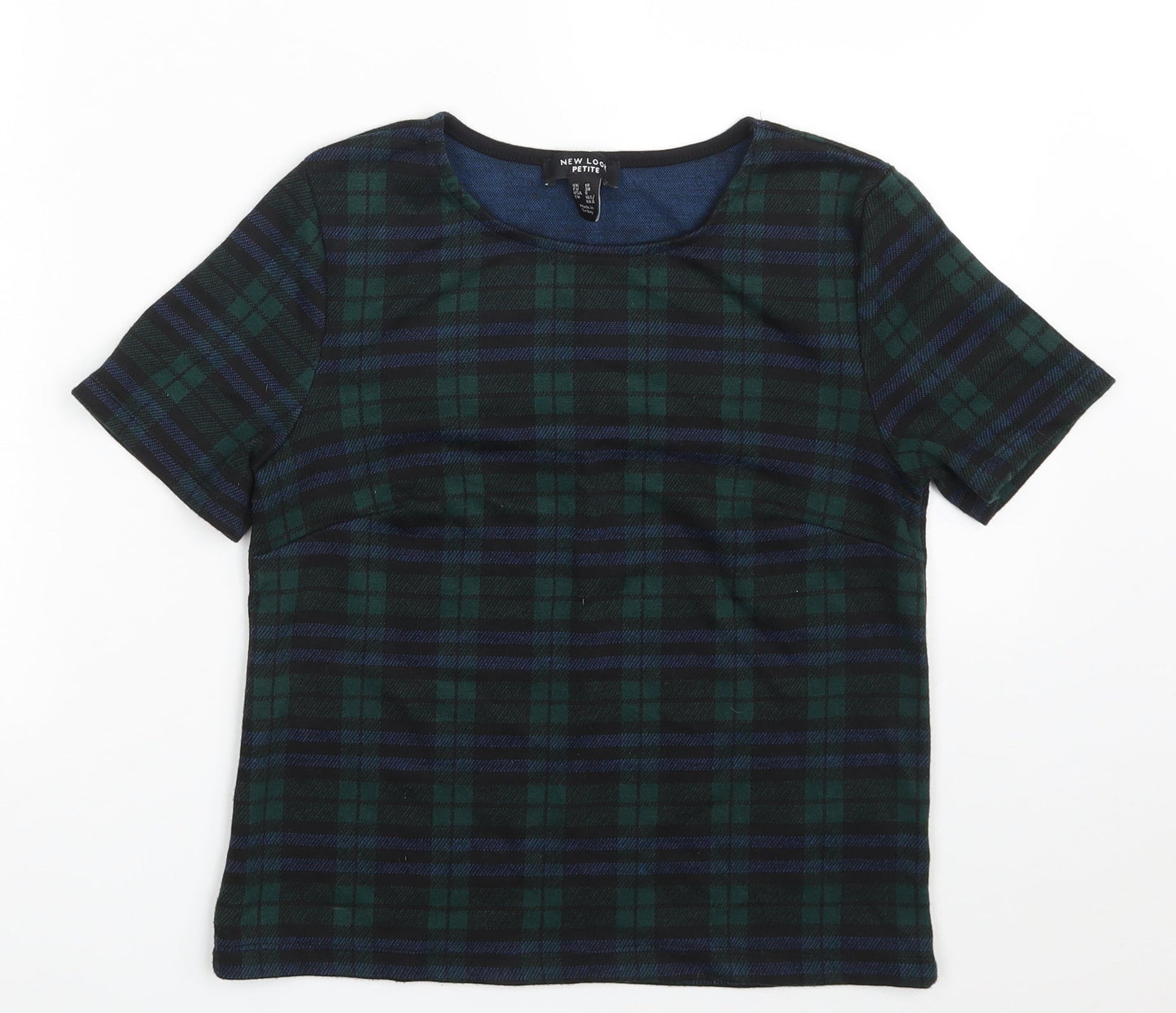New Look Womens Green Plaid Polyester Cropped T-Shirt Size 10 Crew Neck