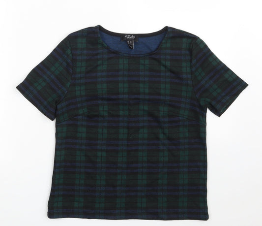 New Look Womens Green Plaid Polyester Cropped T-Shirt Size 10 Crew Neck