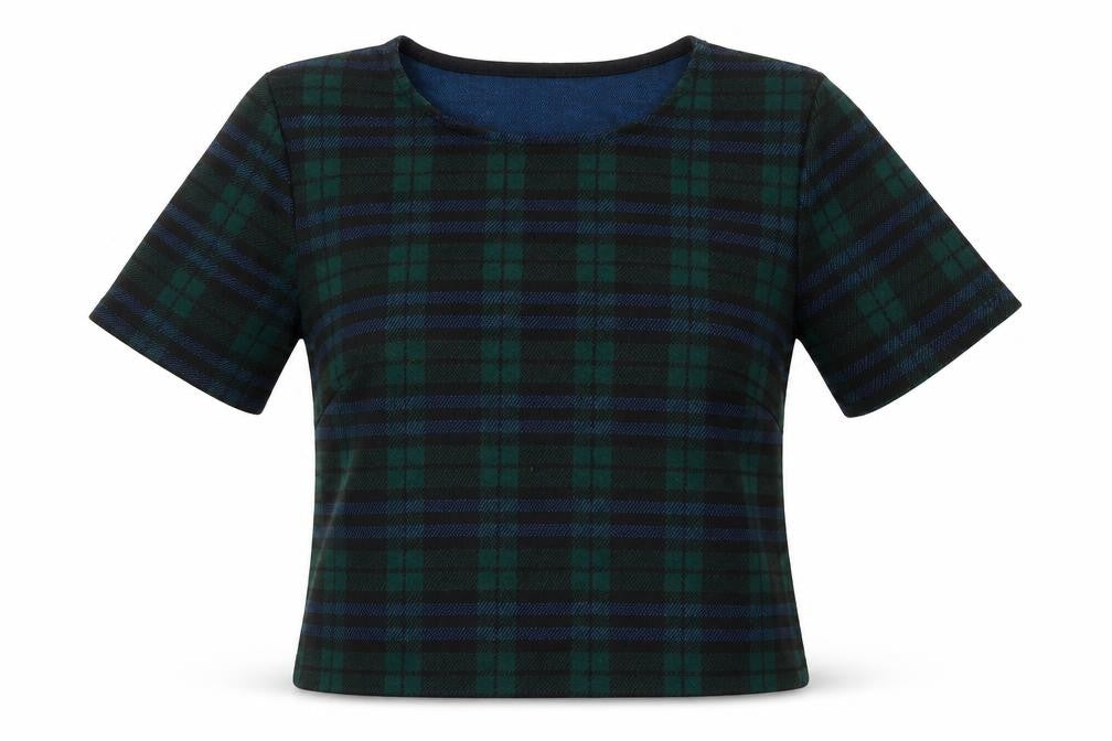 New Look Womens Green Plaid Polyester Cropped T-Shirt Size 10 Crew Neck